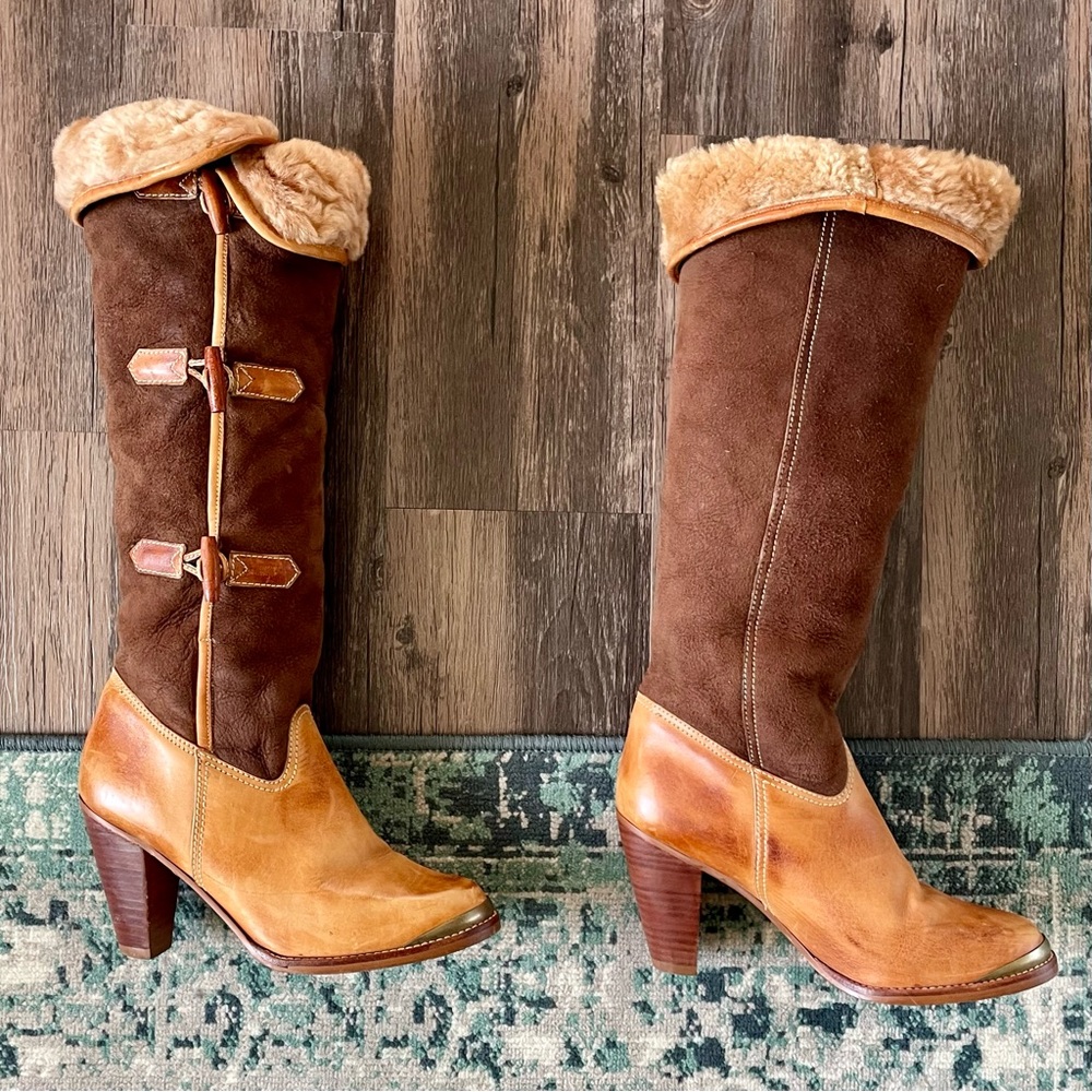 Vintage Brown Suede Cream Sherpa Lined Calf Height Heeled Boots Size 6.5 D - Picture 2 of 16